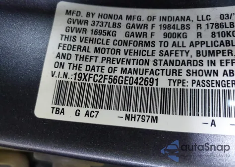 2016 Honda Civic Lx from USA, damaged, VIN 19XFC2F56GE042691